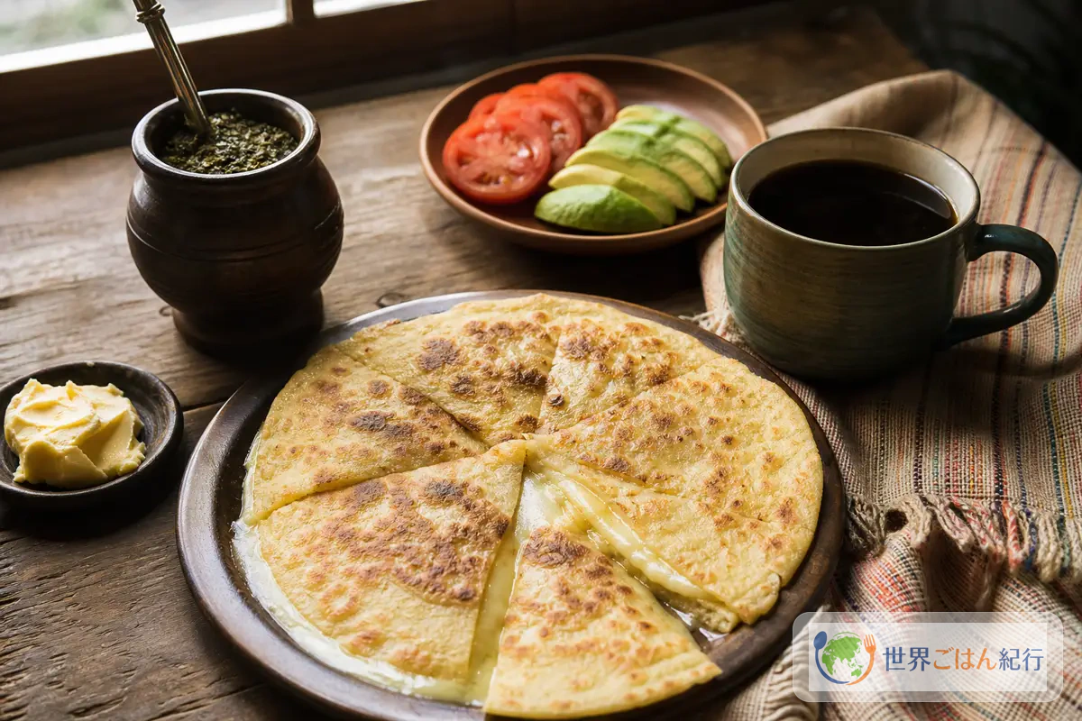 ムベジュをマテ茶や野菜と並べたパラグアイ風の朝食