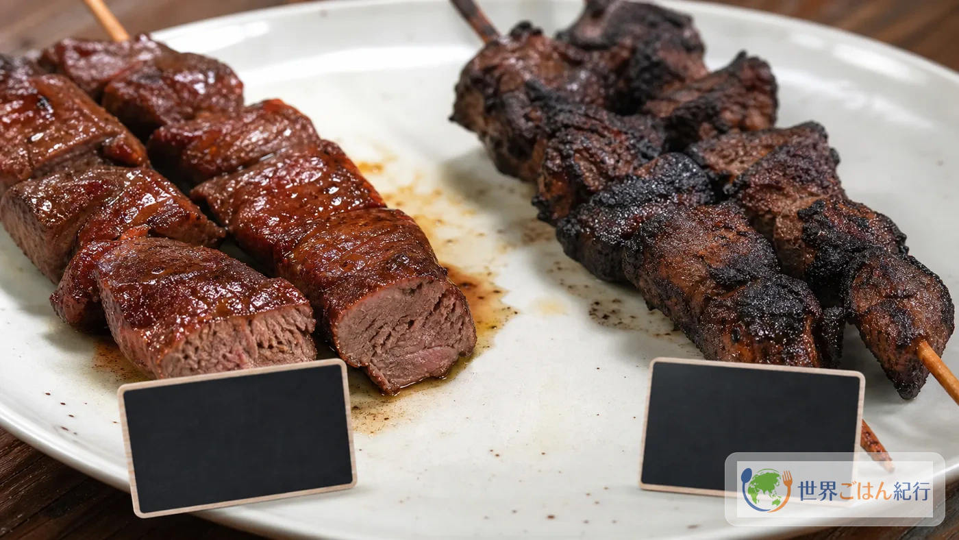 焼き色の違うアンティクーチョ串を並べ、焦げすぎと焼き不足を見比べる