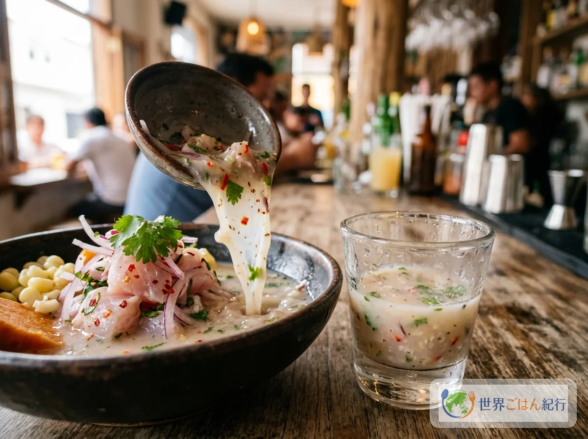 セビーチェのタイガーミルク。魚のうま味とライムが白く乳化した漬け汁
