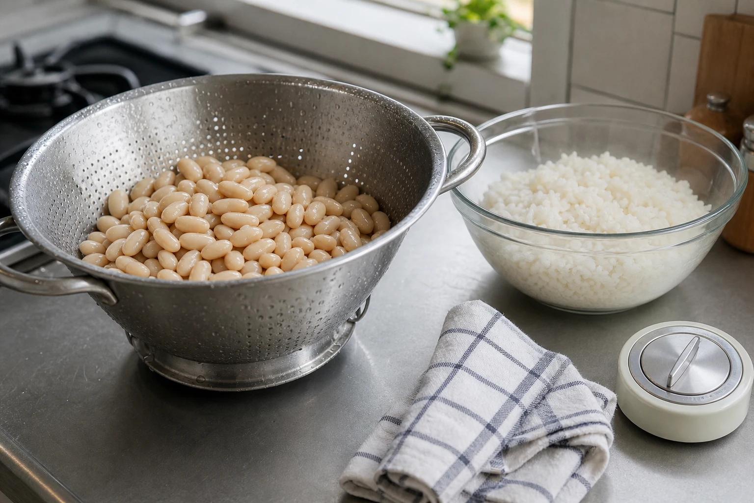 手順1: 豆とごはんの水分をそろえる