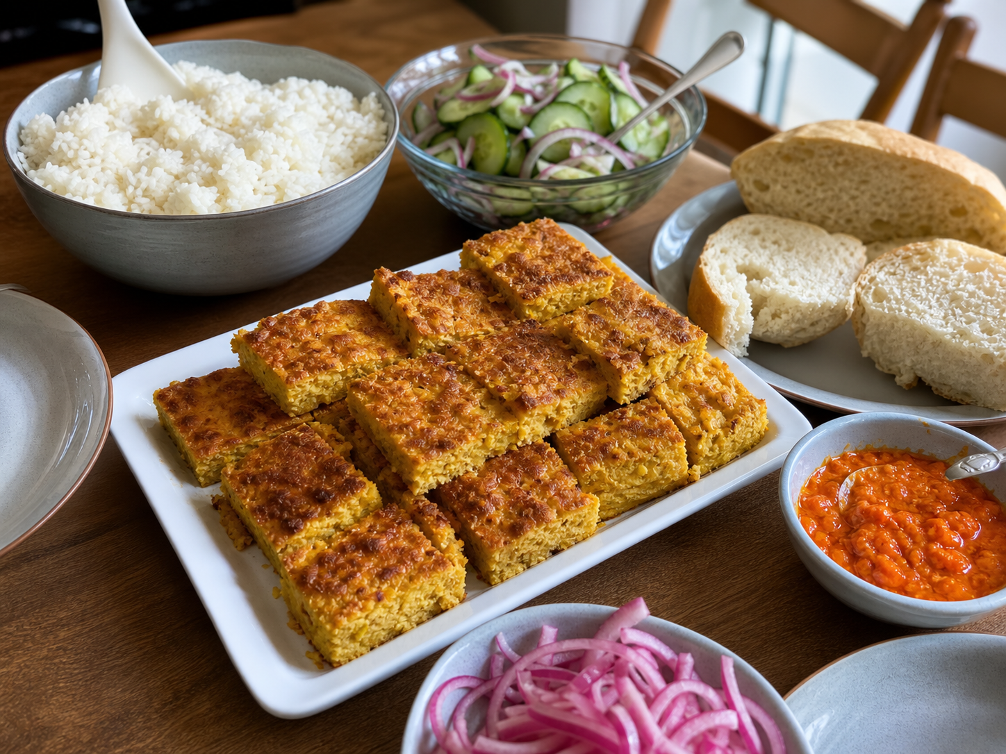 切り分けたポムを白いご飯、きゅうりと赤玉ねぎの浅漬け、パン、辛味ソースと並べた食卓
