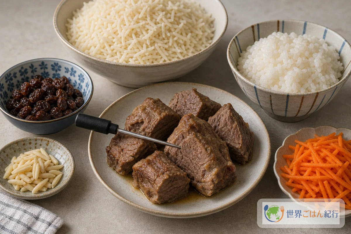 カブリ・パラウのFAQ用に並べた肉の火入れ、バスマティ米、日本米、にんじん、レーズン