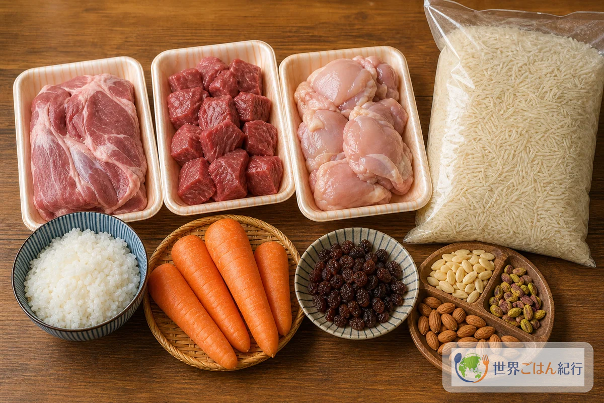 日本で揃えるカブリ・パラウの代替食材。ラム、牛肉、鶏肉、バスマティ米、日本米、にんじん、レーズン、ナッツ