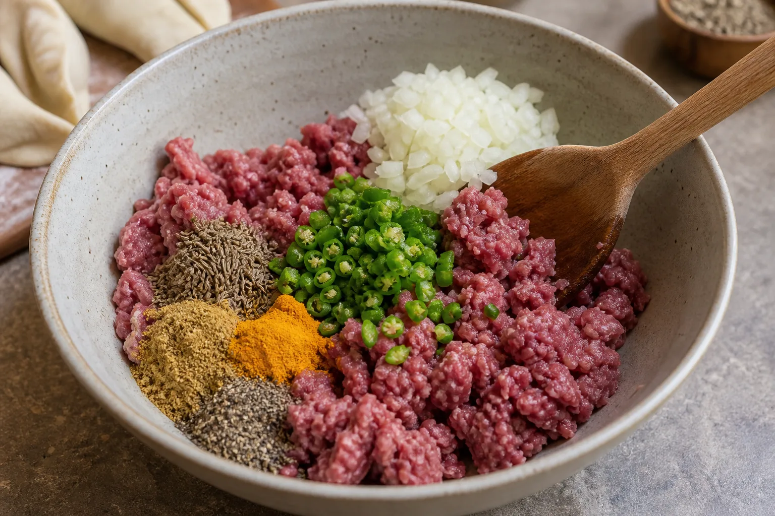 手順2: 玉ねぎと肉の餡を作る