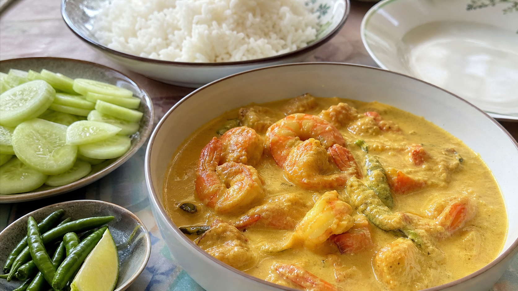 チングリマライカレー、白米、きゅうり、青唐辛子、ライムを並べた家庭の食卓