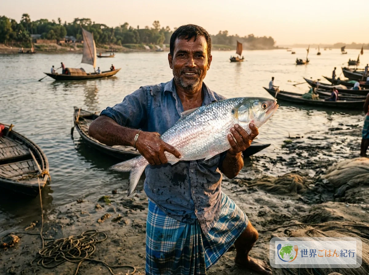 バングラデシュの漁村でヒルサを持つ漁師の様子。銀色に輝く大きな魚
