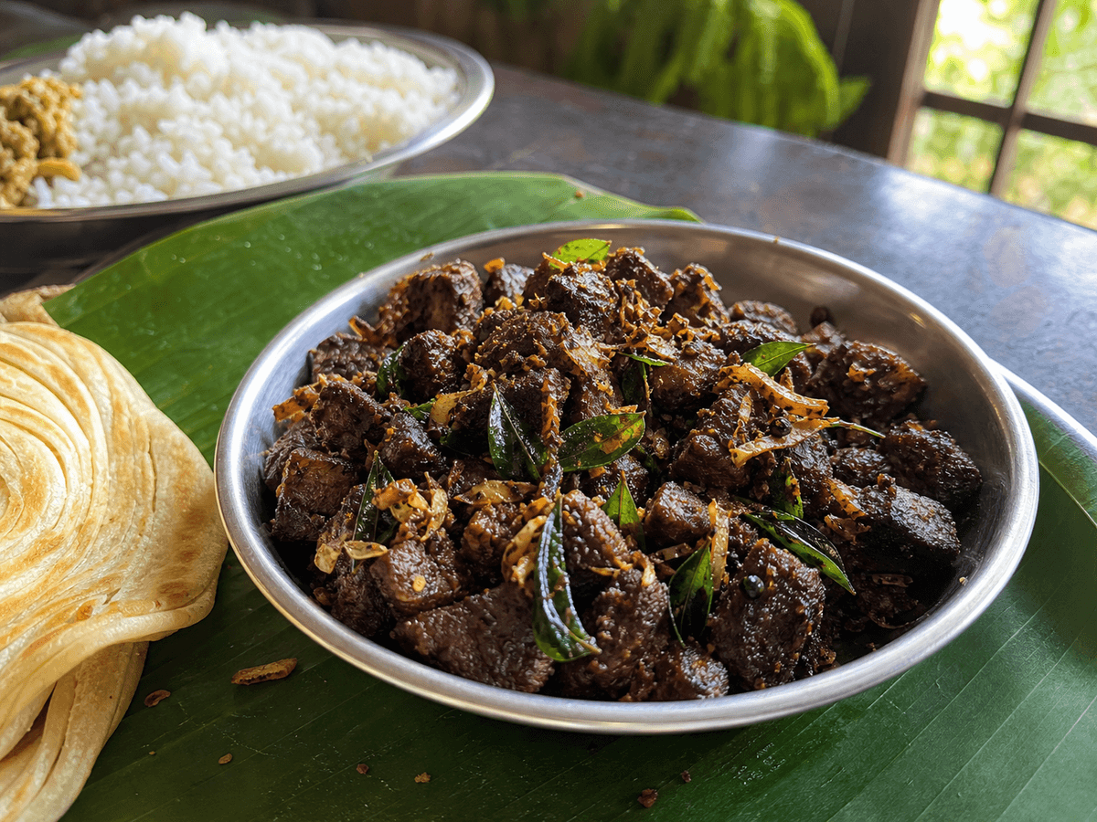 カレーリーフとココナッツをまとったケララビーフフライをパロッタと米に添えた食卓