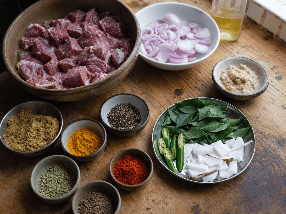 ケララビーフフライに使う牛肉、カレーリーフ、ココナッツ、香味野菜、スパイスを台所に並べた様子