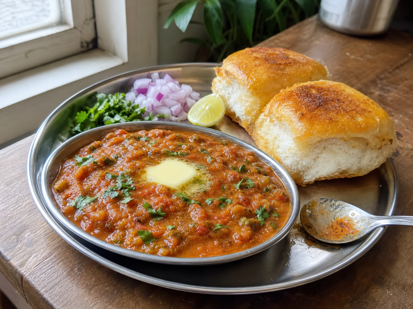 ムンバイ屋台風のパヴ・バジ。つぶした野菜カレーにバター、玉ねぎ、レモン、焼いたパヴを添える