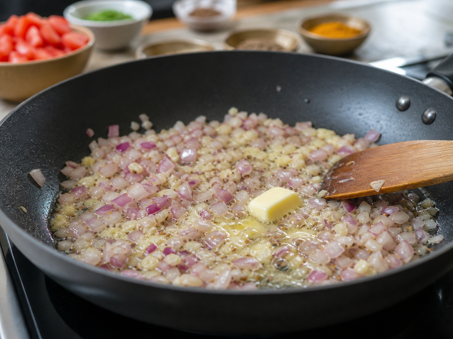 手順2: 玉ねぎと香味を炒める