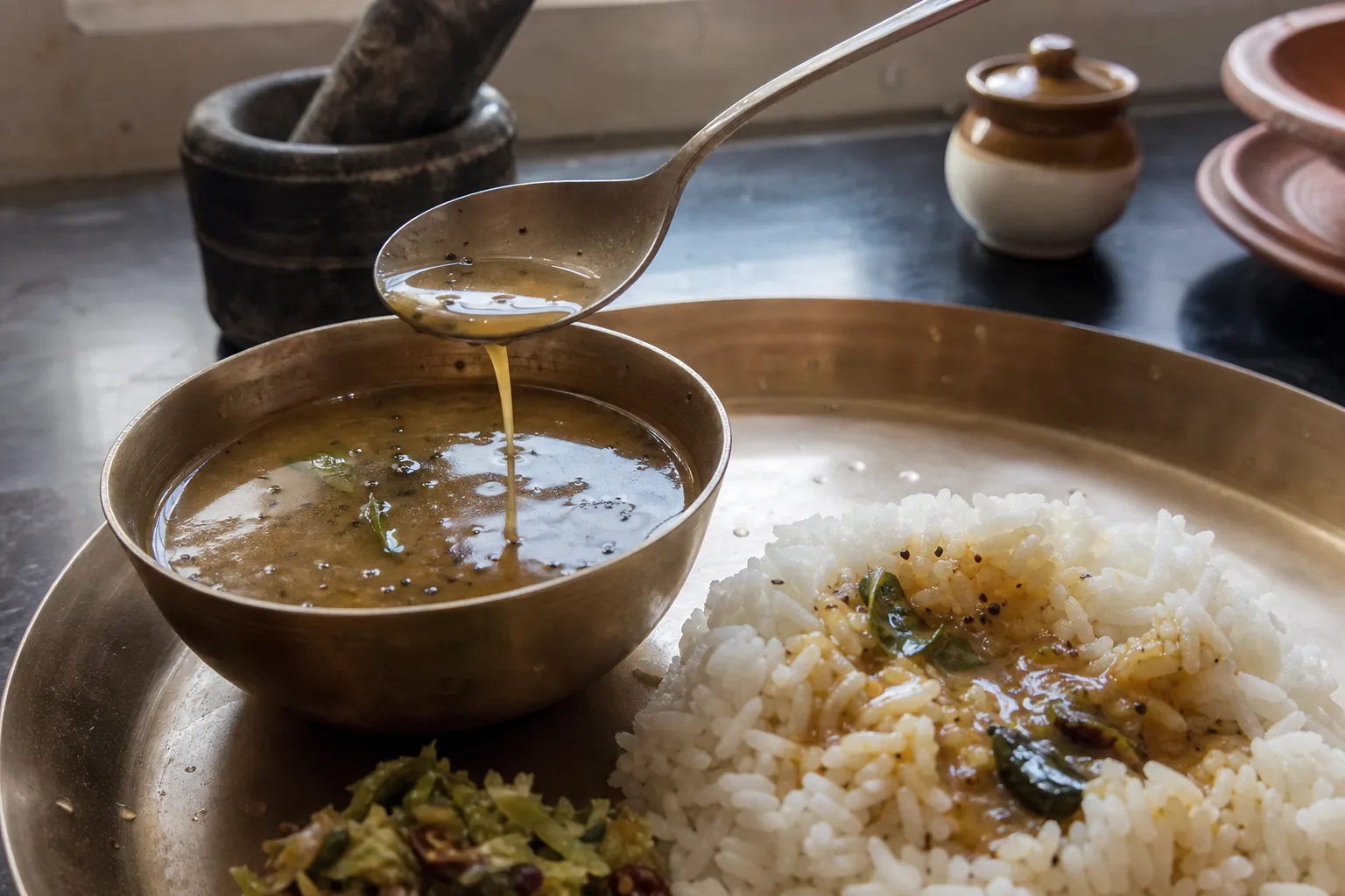 小さな器のラッサムを白いご飯に少量ずつかける食べ方