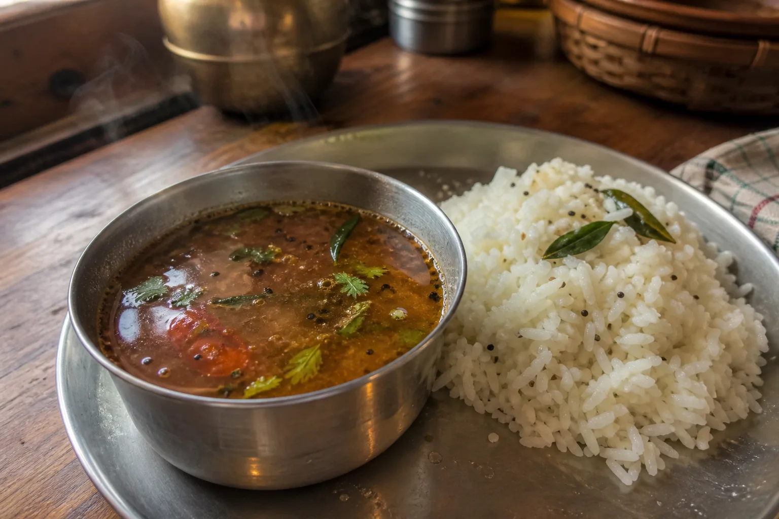 タマリンドの酸味と黒こしょうの香りをまとった南インドのラッサムと白いご飯