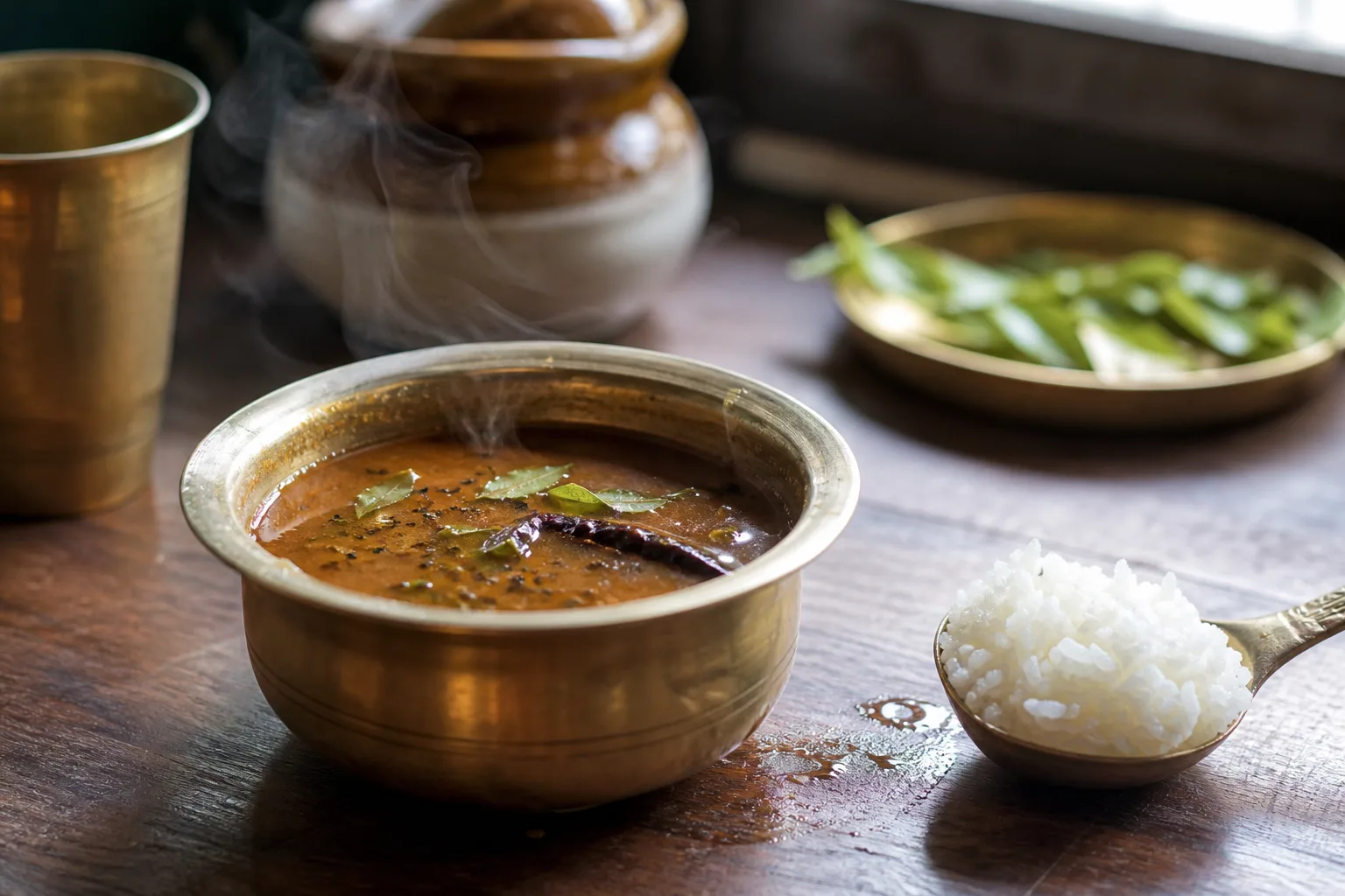 白いご飯を添えたラッサムの小さな器。赤茶色の汁から湯気が立ち、カレーリーフと乾燥赤唐辛子が浮いている