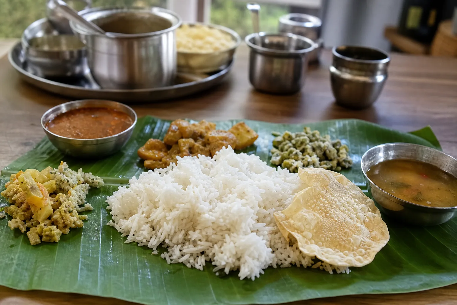 バナナの葉を使った南インドの食卓を思わせる盛り付け。米を中心に小さな器へラッサムと副菜が並ぶ