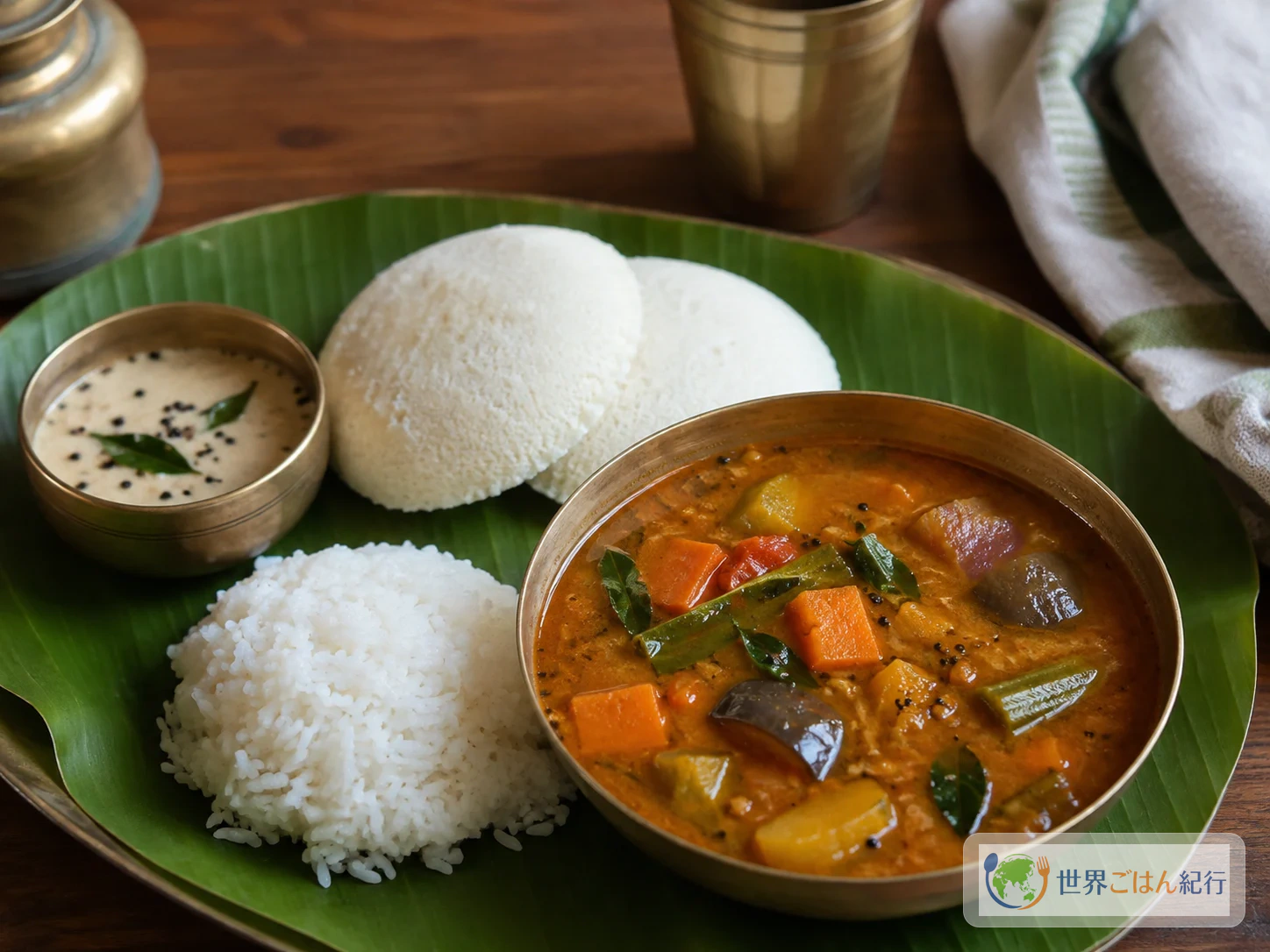 サンバル、白いご飯、イドリ、ココナッツチャトニを囲む南インド風の朝食の食卓