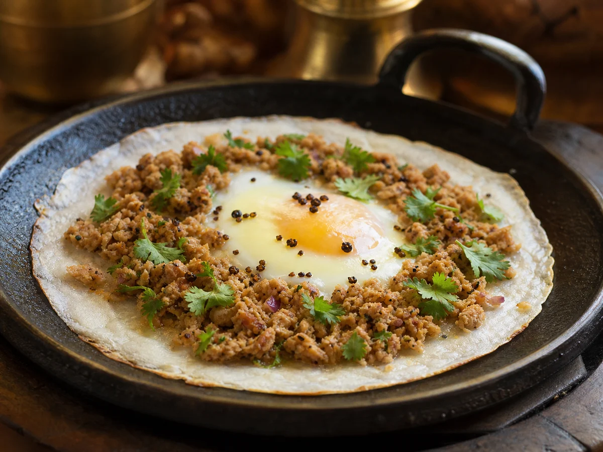 鶏ひき肉と卵をのせたネパール料理チャタマリを鉄板に盛った様子