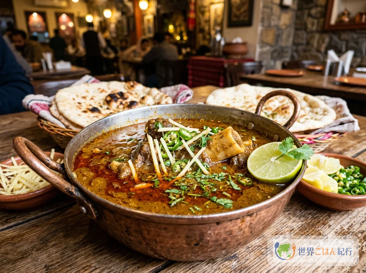 パキスタンの国民食ニハリ。黄金色の骨髄カレーに生姜の千切りと青唐辛子、コリアンダーを散らし、ナンを添えた一皿