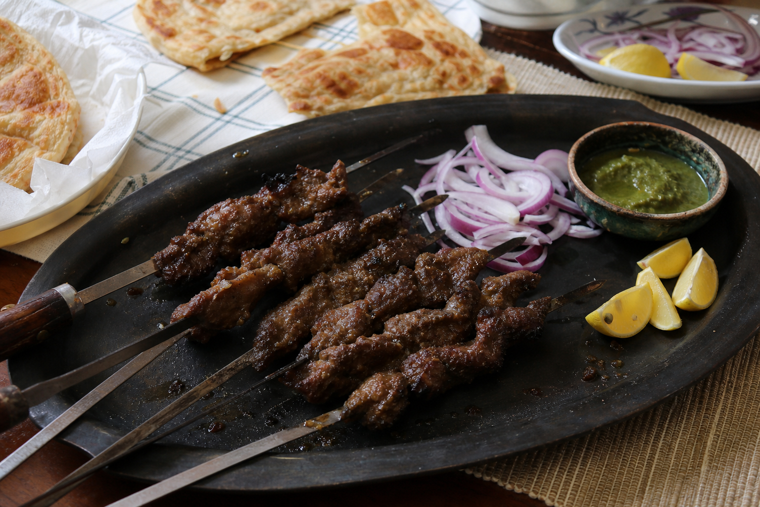 薄切り牛肉を串に寄せて香ばしく焼いたビハリケバブ。玉ねぎ、レモン、青いチャツネ、パラタを添えた南アジアの食卓