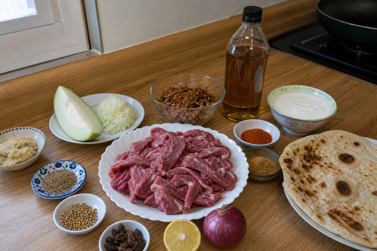 ビハリケバブの材料。薄切り牛肉、青パパイヤ、ヨーグルト、マスタードオイル、玉ねぎ、クミン、コリアンダー、ブラックカルダモン、ガラムマサラ、レモン、パラタを台所に並べた様子