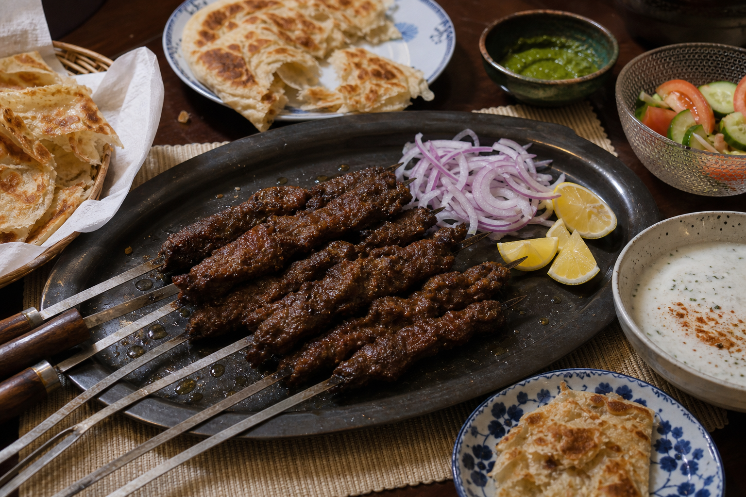ビハリケバブをパラタ、ライタ、玉ねぎ、レモン、きゅうりとトマトのサラダ、青いチャツネと並べた食卓