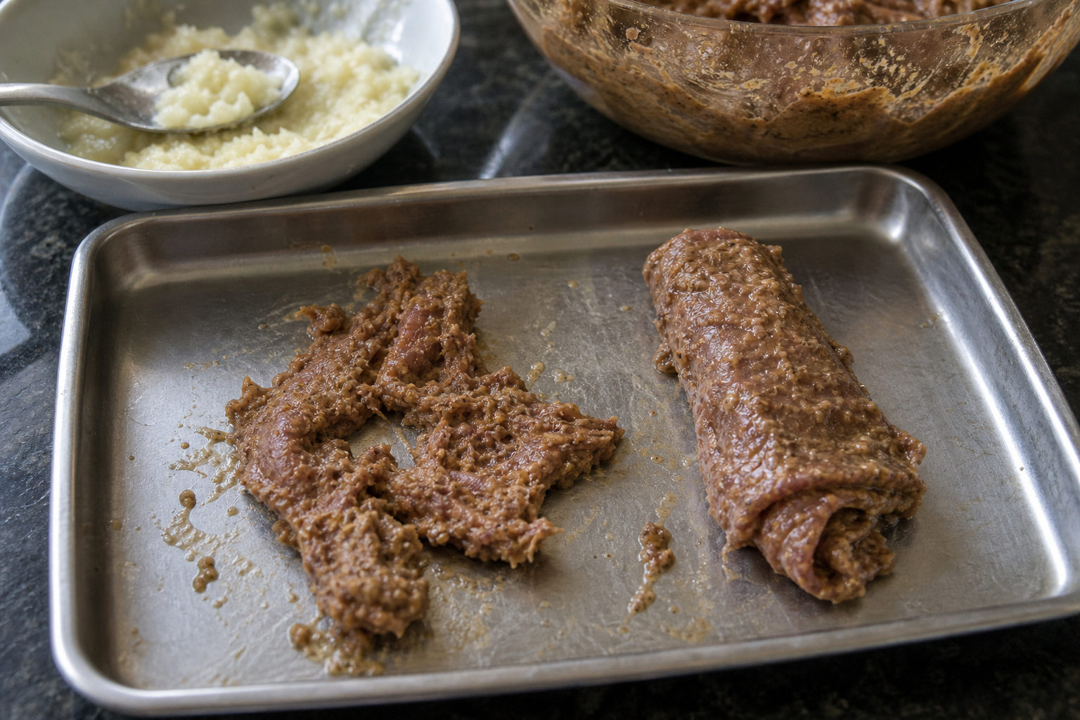 青パパイヤを入れすぎて崩れやすくなった肉と、形を保ったビハリケバブ用のマリネ肉を並べた様子