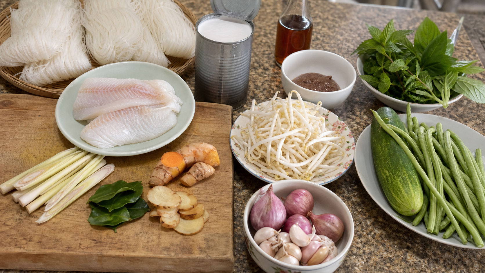 ノムバンチョックに使う米麺、白身魚、ココナッツミルク、レモングラス、ガランガル、こぶみかんの葉、野菜を台所に並べたところ