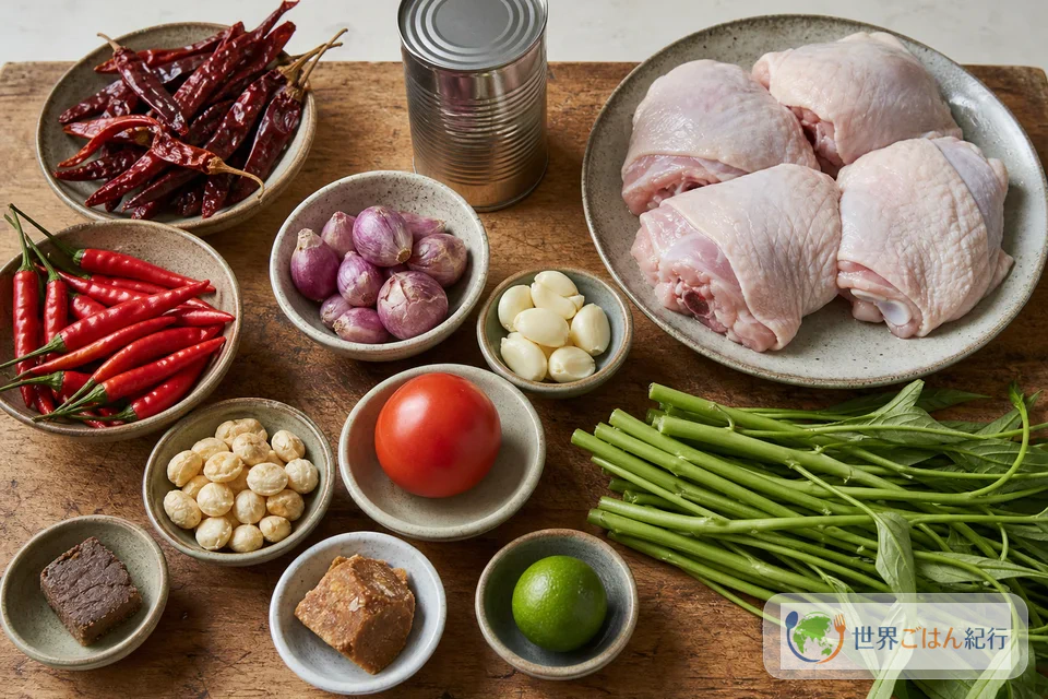 アヤム・タリワンの材料を、骨付き鶏もも肉、唐辛子、トマト、ケンチャー、テラシ、キャンドルナッツに分けて並べた台所