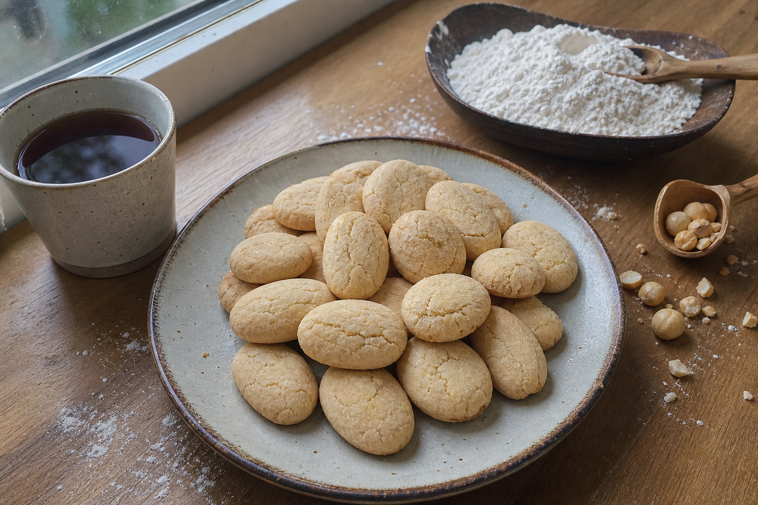 サゴ粉で作ったインドネシアのバゲアを茶とナッツと一緒に盛った皿
