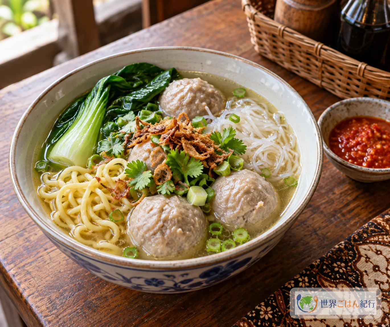 澄んだ牛だしに弾力のある牛肉団子、黄色い麺、青菜、フライドオニオンを重ねたインドネシアのバクソ