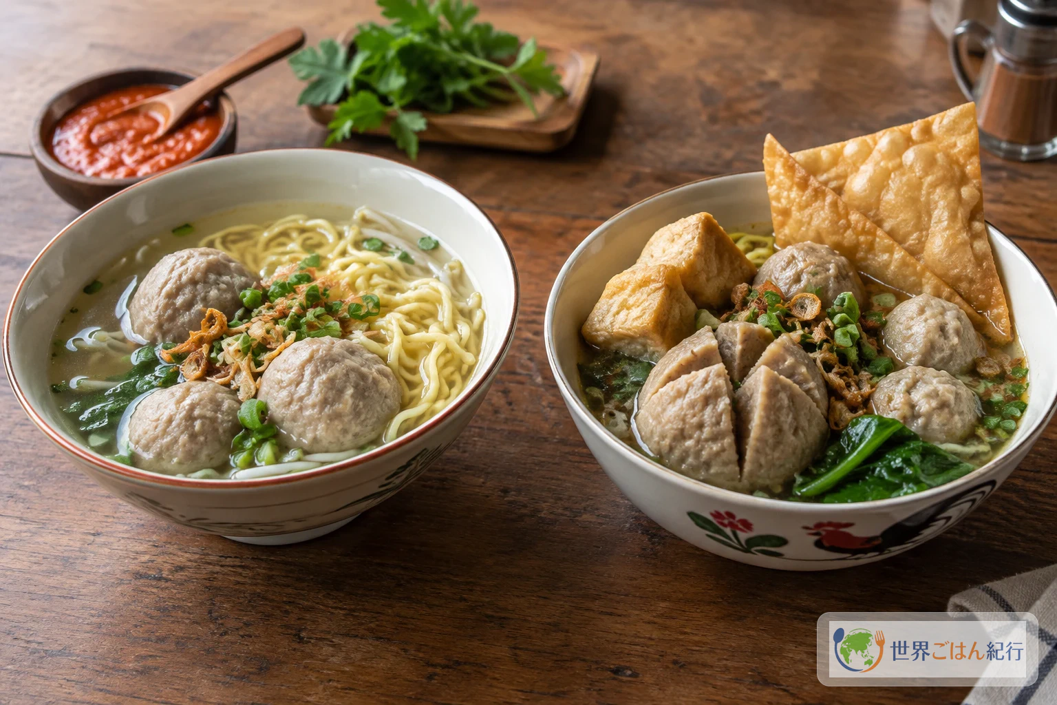 澄んだスープに黄色い麺だけを添えたSolo風の椀と、豆腐やワンタンを重ねたMalang風の椀