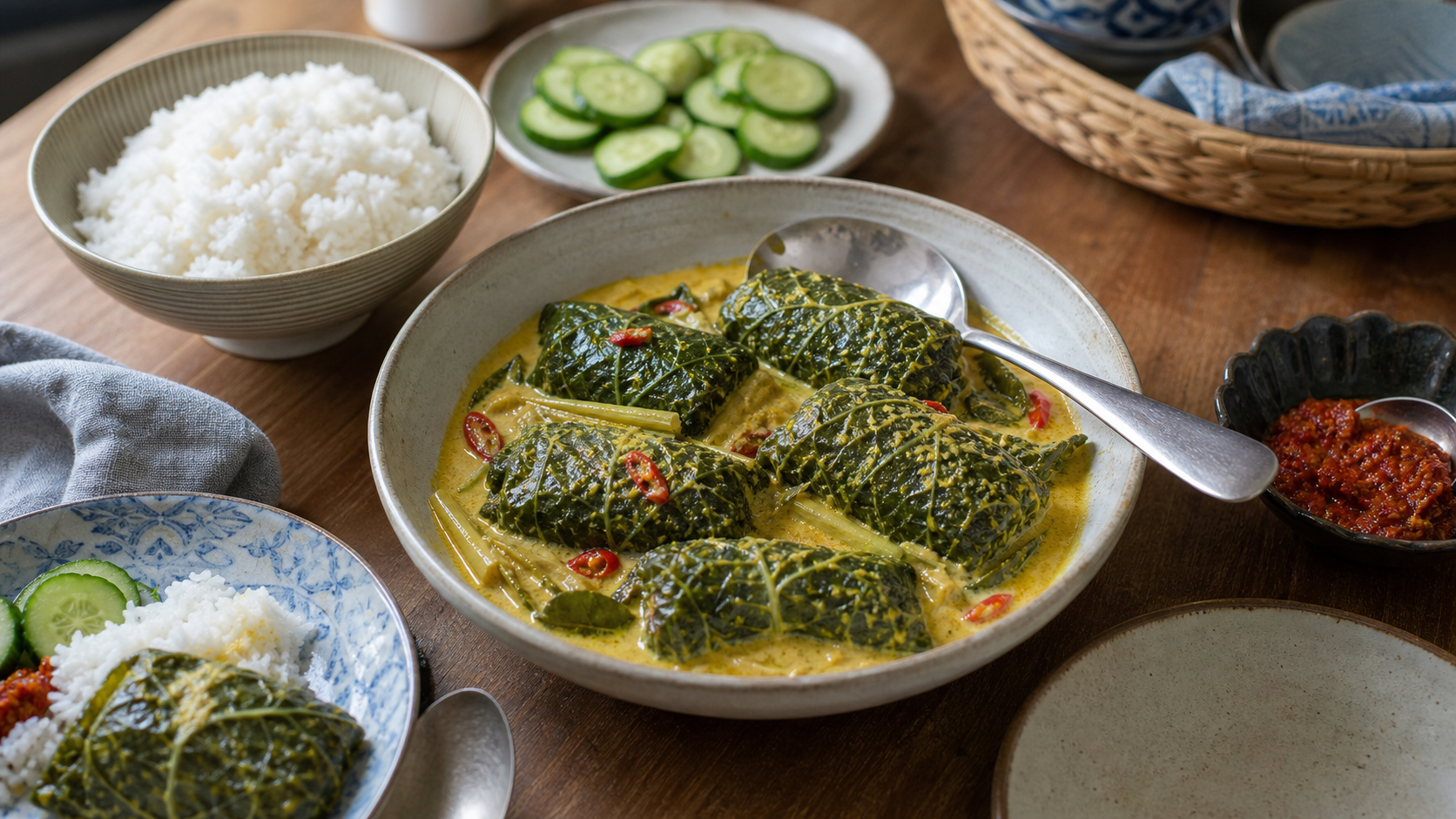 ブンティルの包みを白いご飯、きゅうり、サンバルと並べた家庭の食卓