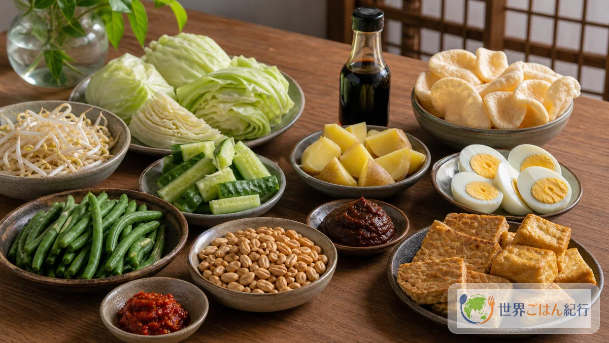 ガドガドに使う野菜、豆腐、テンペ、卵、ピーナッツ、ケチャップマニスを並べた台所