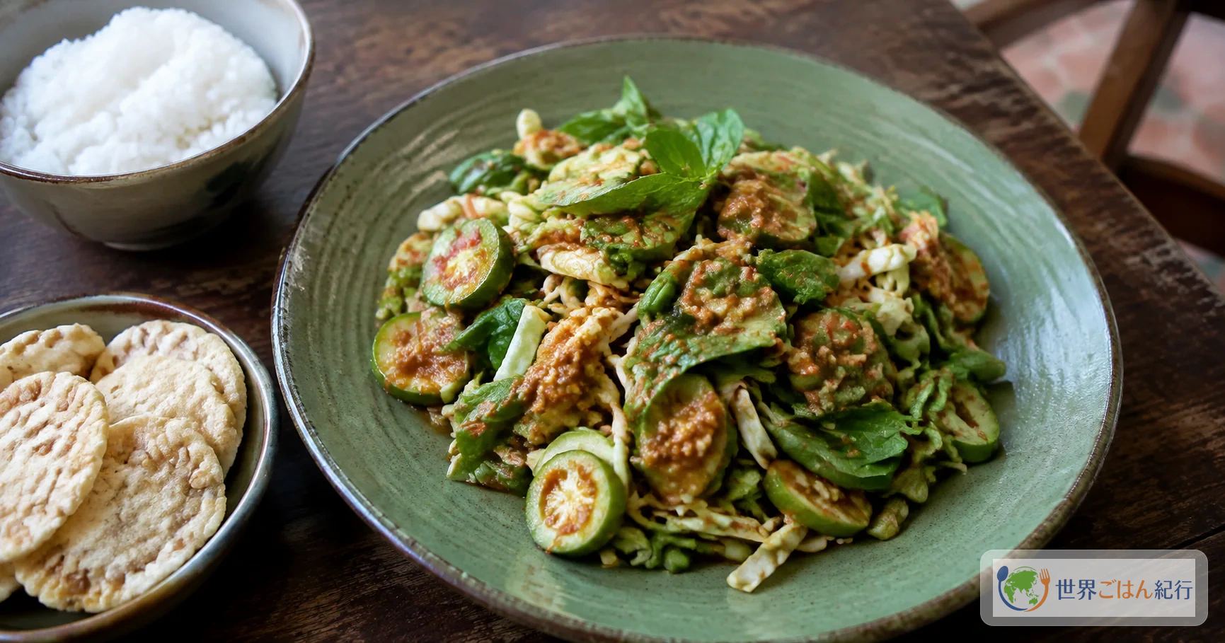 生野菜と濃いピーナッツだれを盛った西ジャワのカレドック。白いごはんとエンピンを添えた食卓