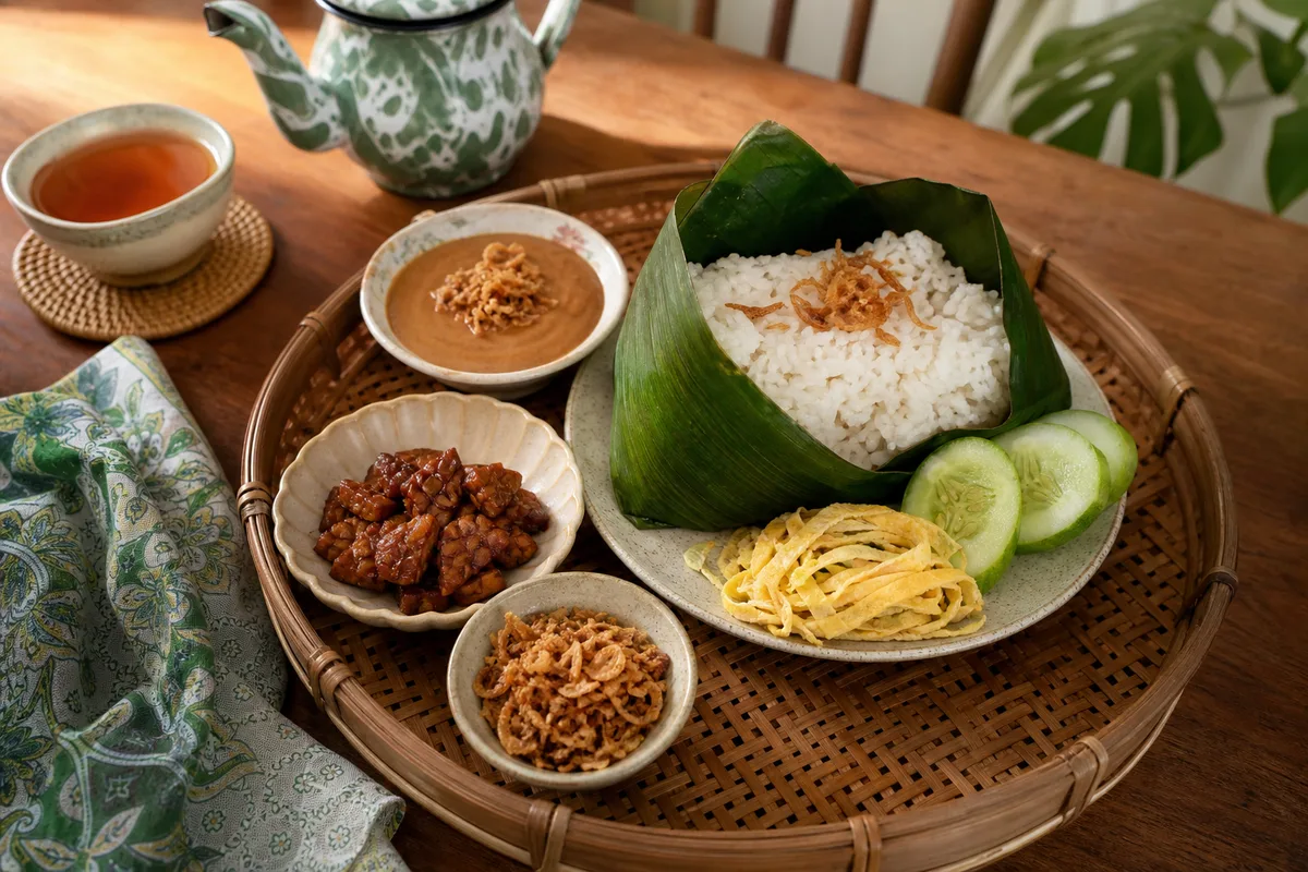 香りご飯、サンバル、卵、揚げ物を少しずつ並べた食卓
