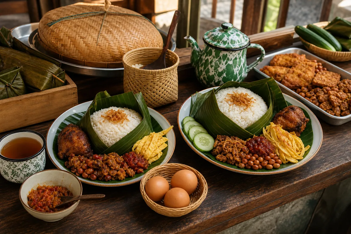 インドネシアの食卓で香りご飯、卵、揚げ物、サンバルを少しずつ並べた皿