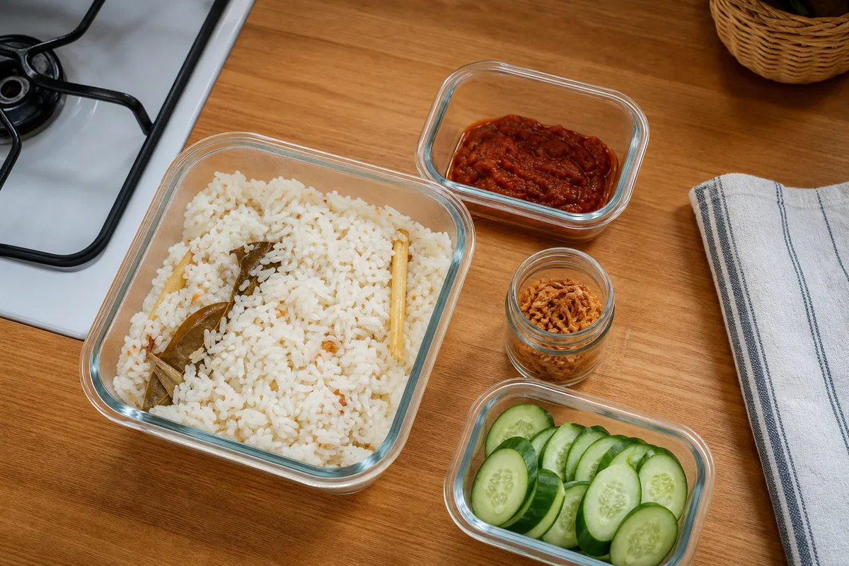 保存容器に分けた香りご飯、辛味、揚げ玉ねぎ、きゅうり