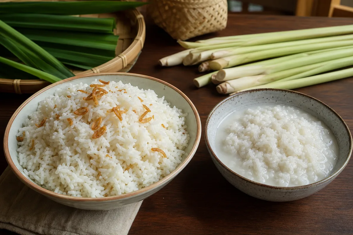 ふっくら炊けたココナッツご飯と、水分が残って重くなった米を比べる