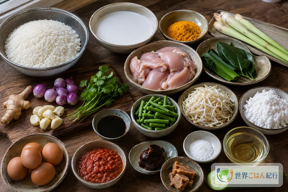 ナシトゥンペンに使う米、ココナッツミルク、香味野菜、鶏肉、野菜、卵、サンバルを並べた台所