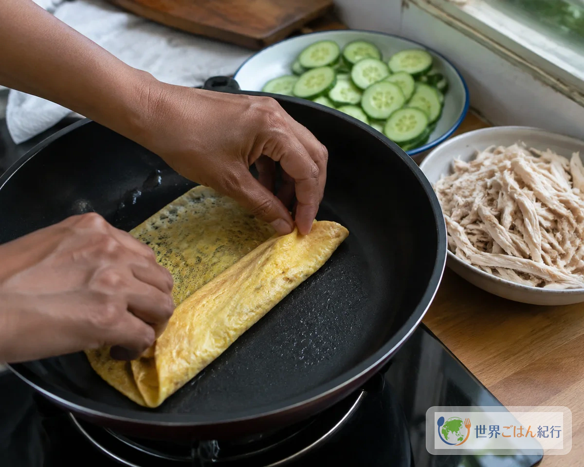 手順6: 卵を焼き、添え物を整える(8分)