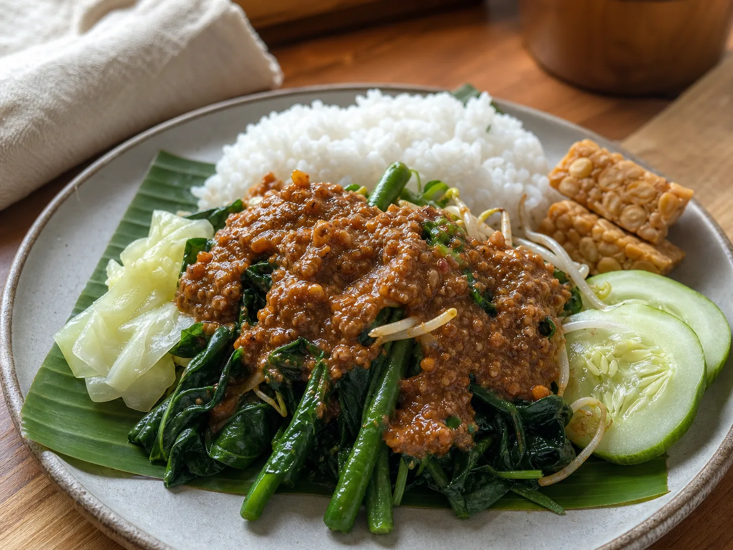 緑の野菜と豆もやしに赤茶色のピーナッツソースをかけたインドネシアのペチェル