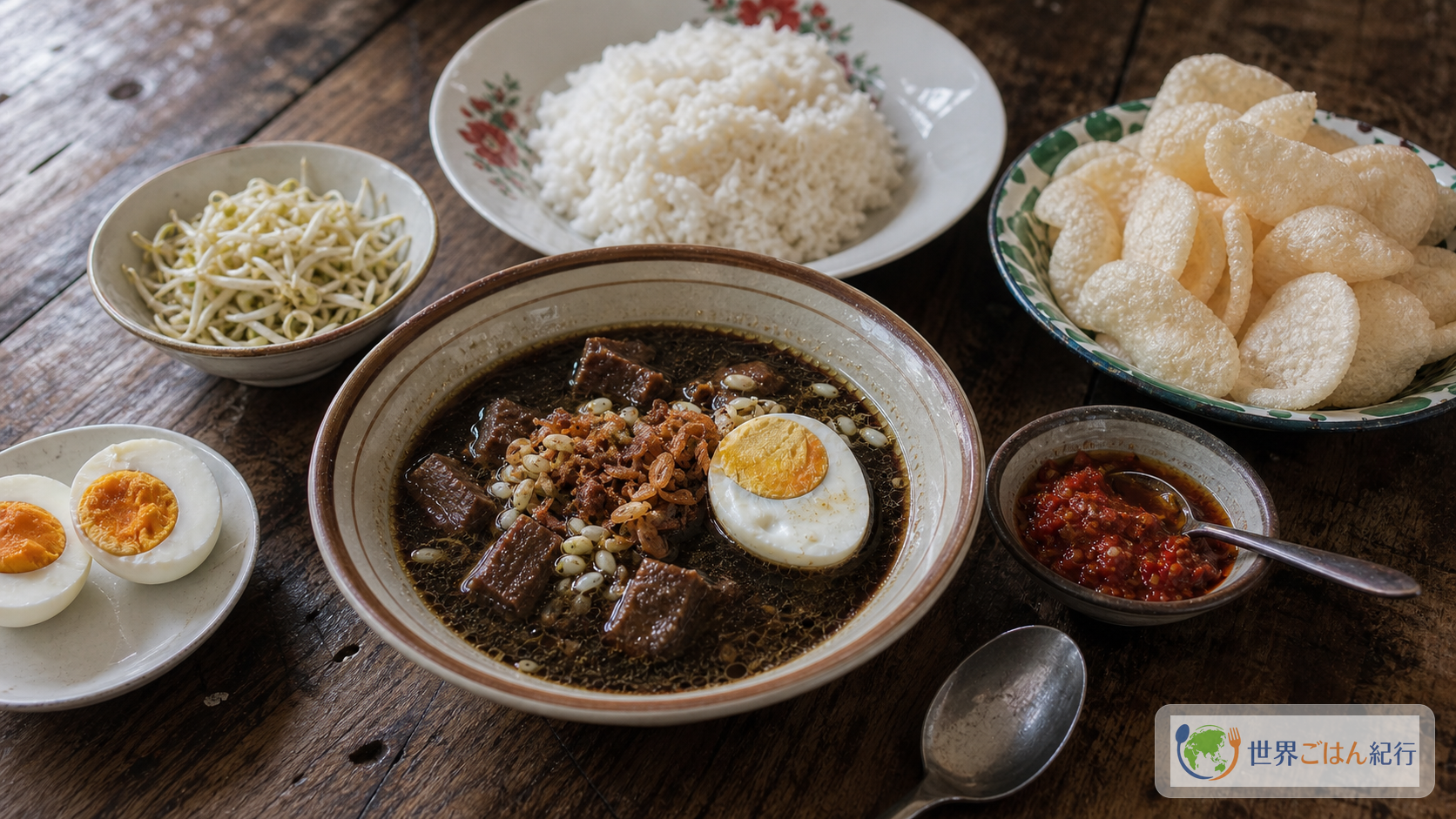 完成したラウォン、白ご飯、サンバル、クルプックを並べた東ジャワ風の食卓