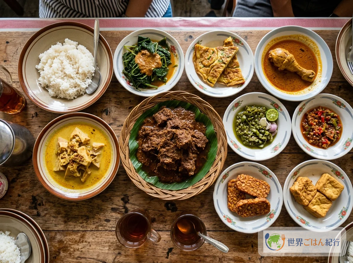 パダン料理の食卓。レンダンを中心に様々な副菜が小皿に盛られている