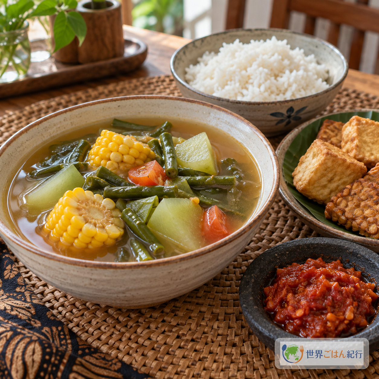 白飯、サユール・アセム、揚げ豆腐、テンペ、サンバルを並べたインドネシアの食卓