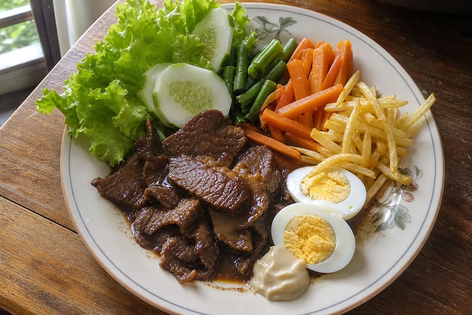 牛肉の甘辛ソース、茹で野菜、卵、揚げじゃがいもを盛ったインドネシアのセラットソロ
