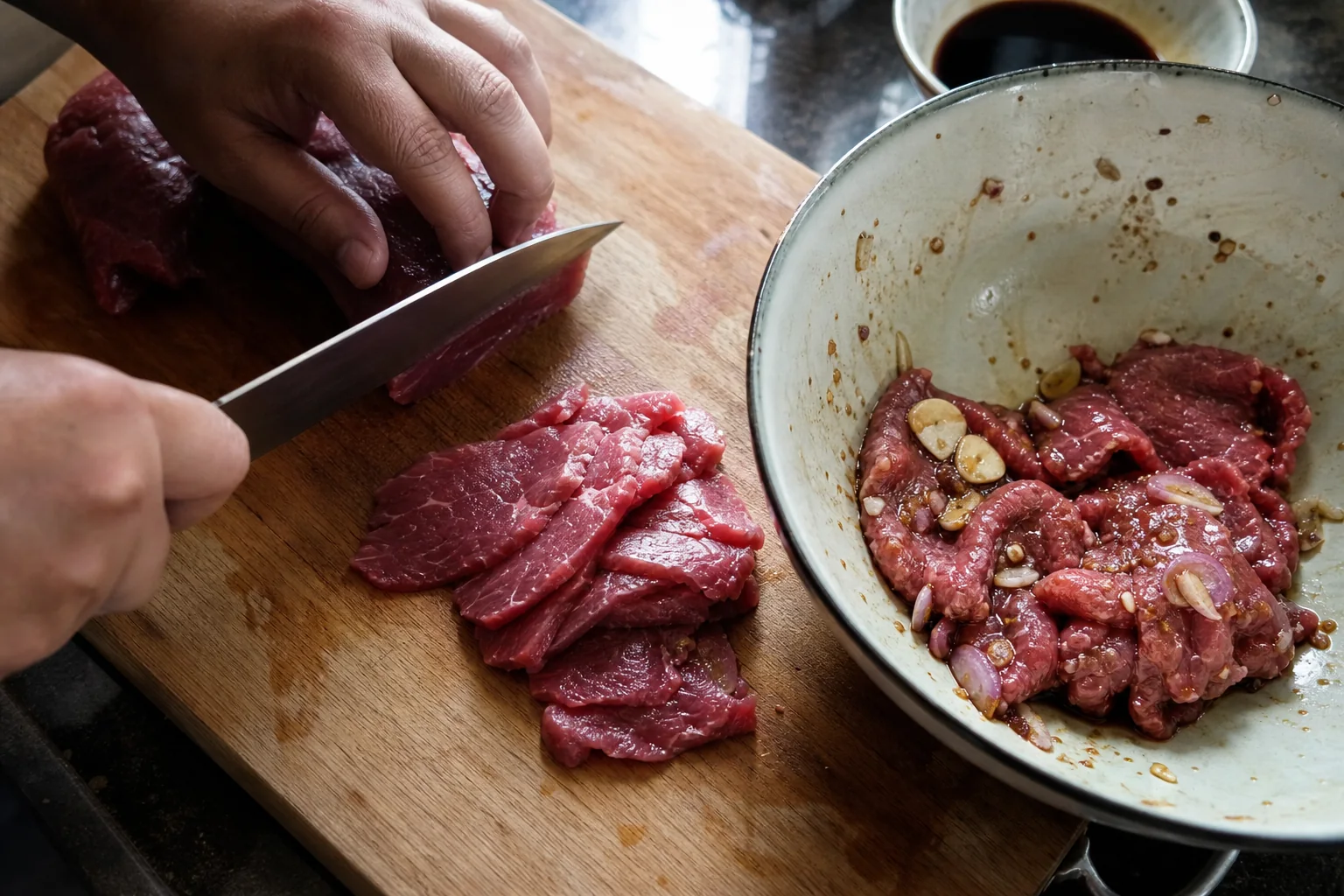 手順1: 牛肉を薄く切って下味をつける