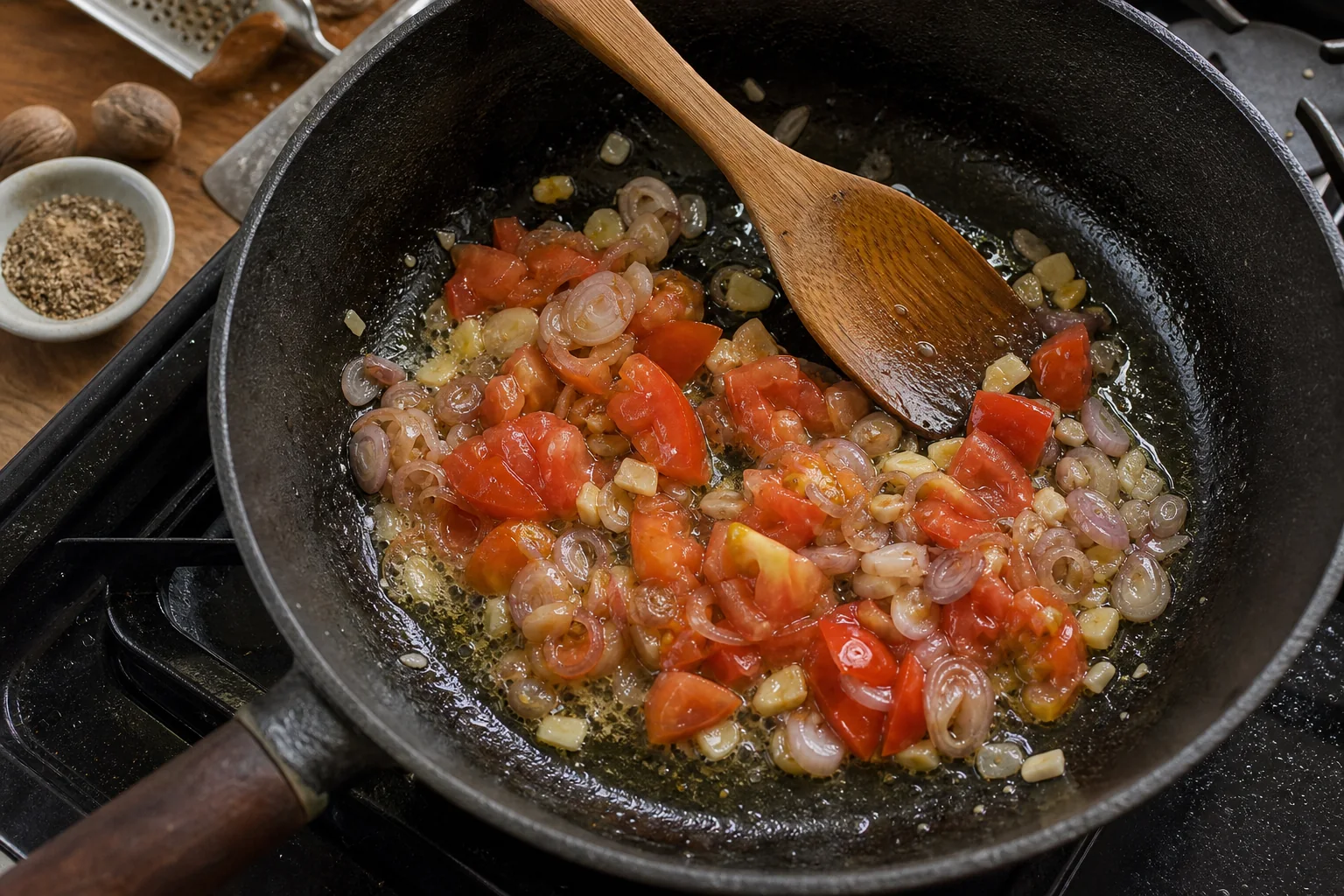 手順4: 香味野菜とトマトを炒める