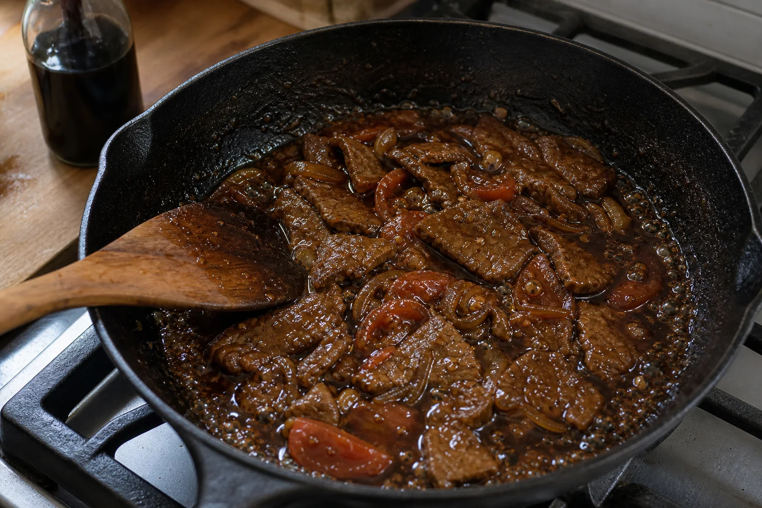 手順5: 牛肉を甘辛ソースで煮る