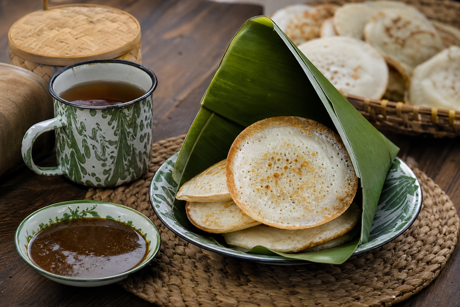 バナナの葉にのせたスラビと椰子糖キンチャを囲む食卓