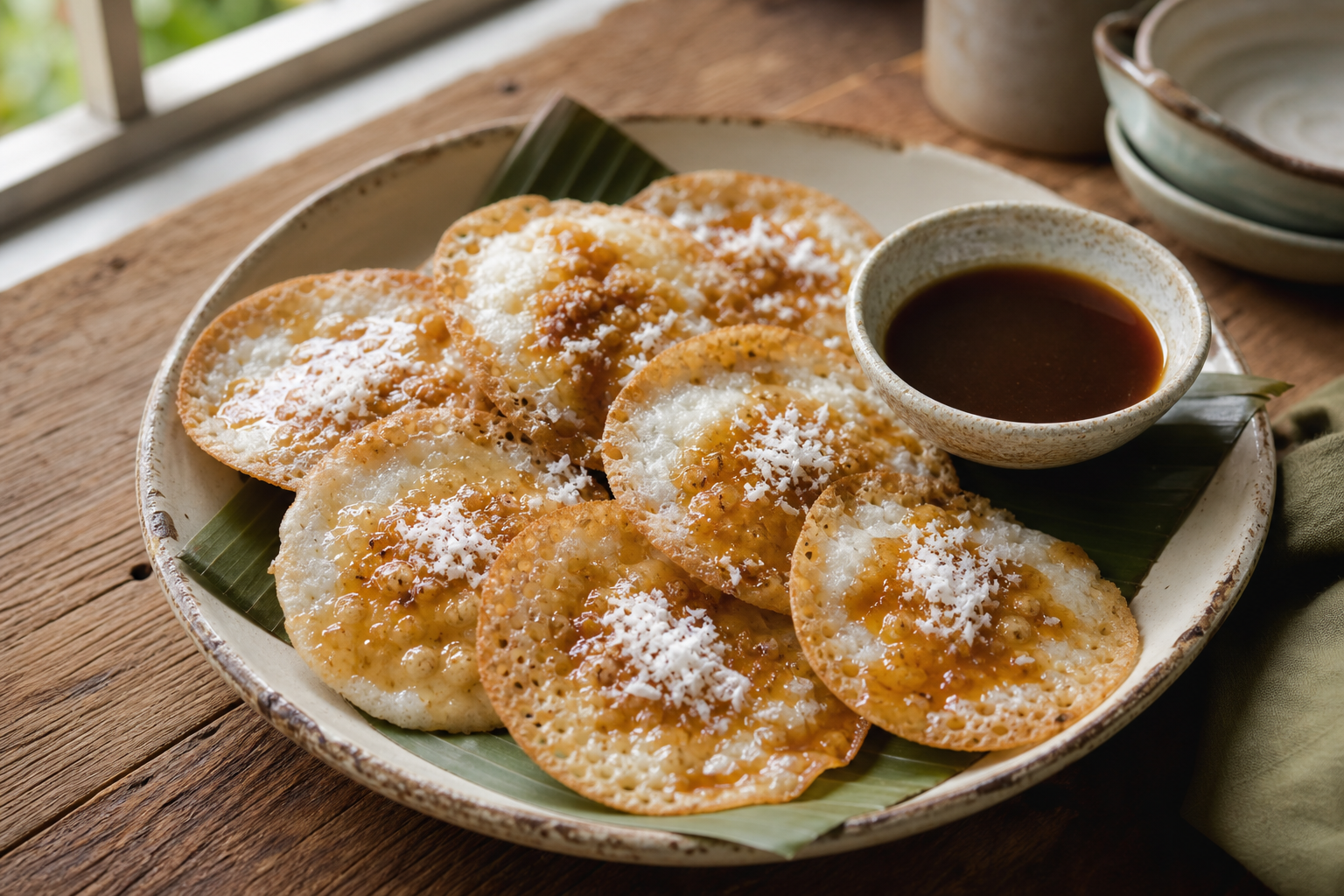 米粉とココナッツミルクで焼いたインドネシアのスラビに椰子糖のキンチャを添えた皿