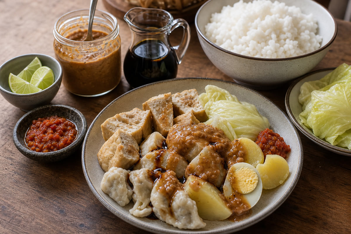 シオマイ、ピーナッツだれ、ケチャップマニス、サンバル、ライム、ごはんを並べた食卓